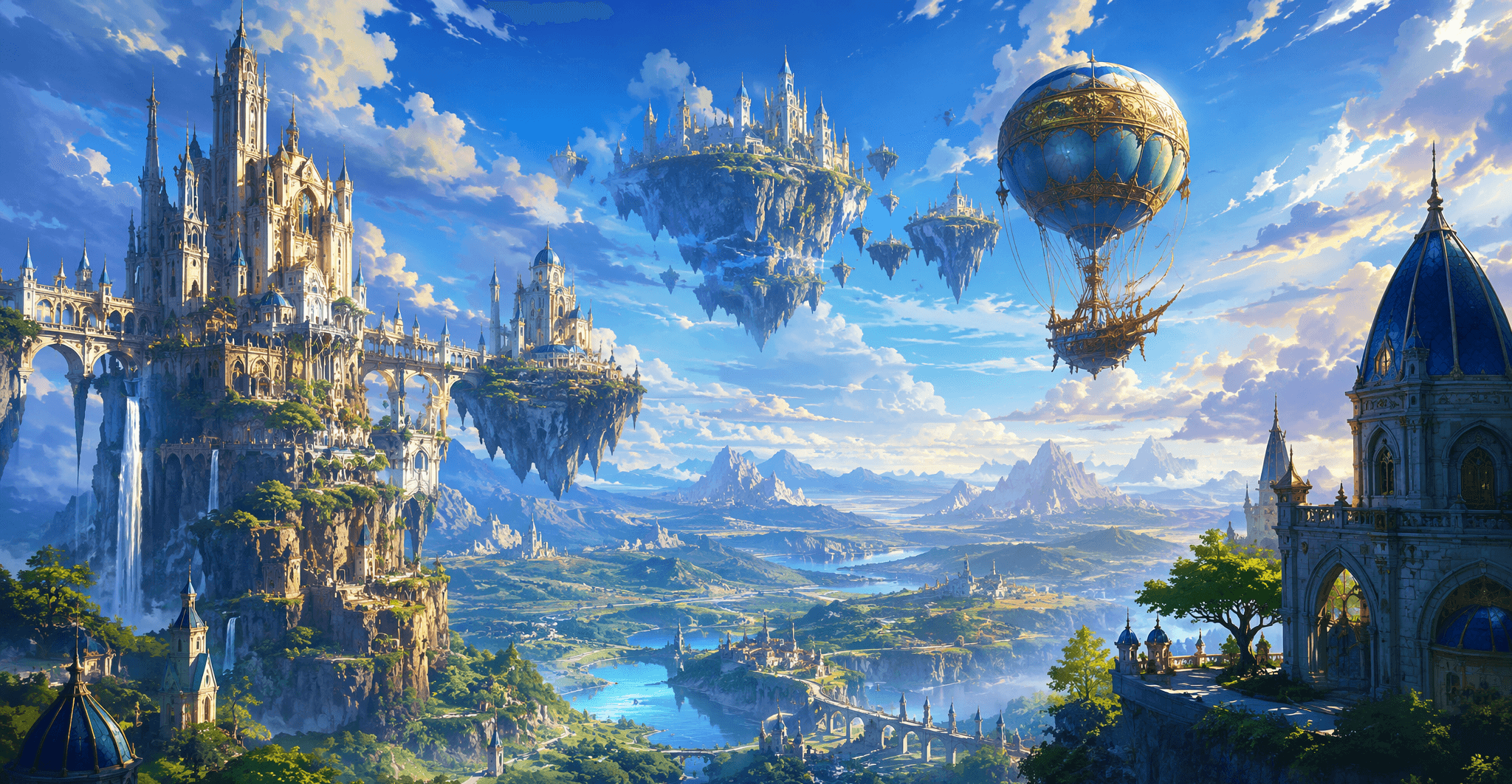 The world of Madrigal — a floating castle city above mountains and lakes